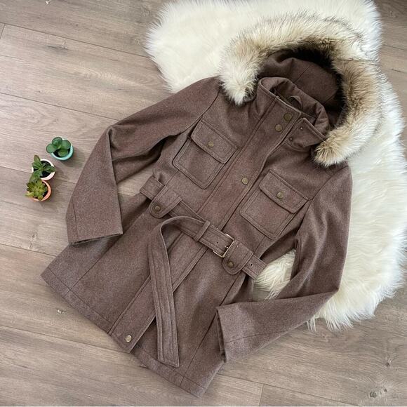 Laundry by Shelli Segal Brown Wool Belted Fur Outerwear Jacket M - Picture 1 of 8